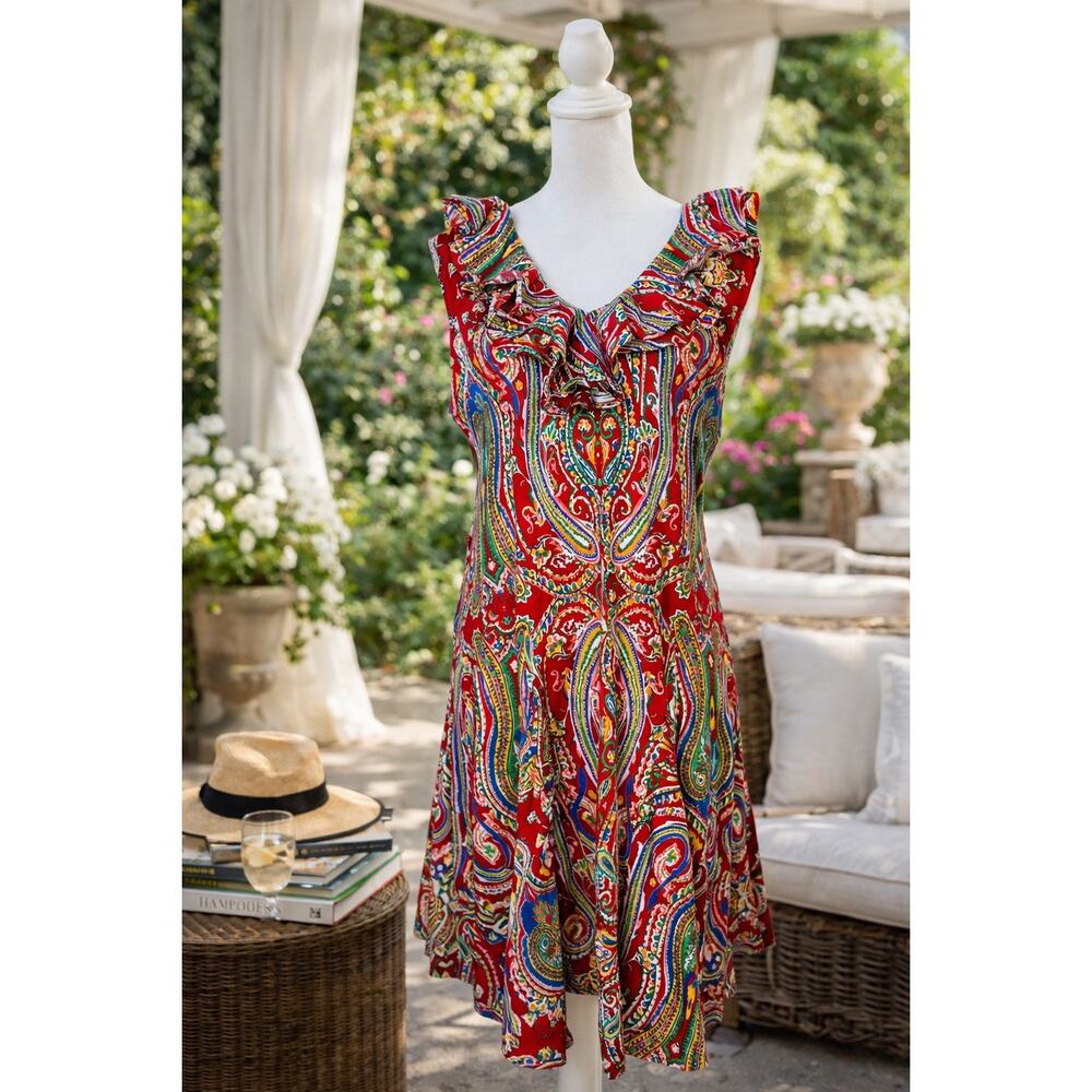 Lauren Ralph Lauren Women’s red paisley floral print ruffle neck cotton dress XL